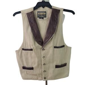 Pioneer Wear Bunkhouse Tan Canvas Brown Leather 4 Pocket Vintage Western Vest M